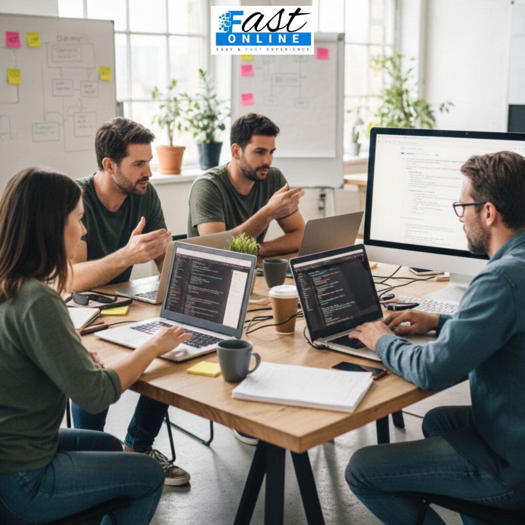 4 People Sitting At a Table & doing Web Development in Company of New York City