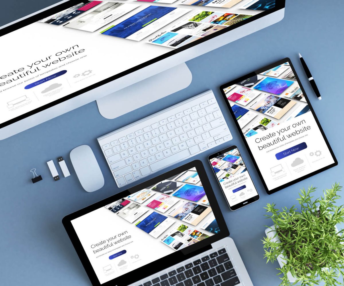 Desktop, laptop and mobile devices displaying a website.